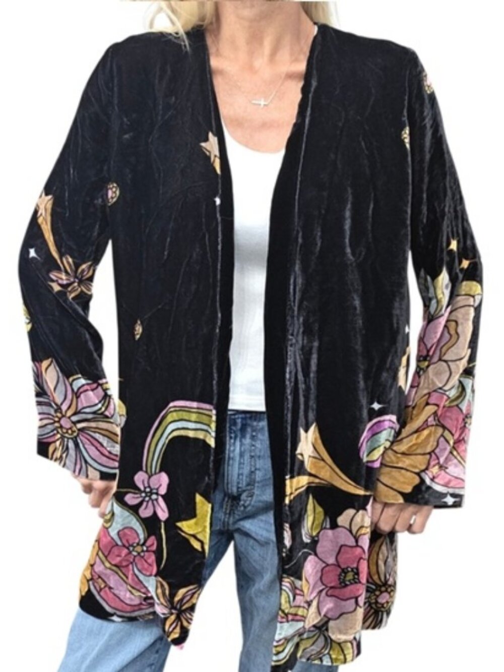 Johnny Was Black Silk Velvet Floral Kimono Jacket XS